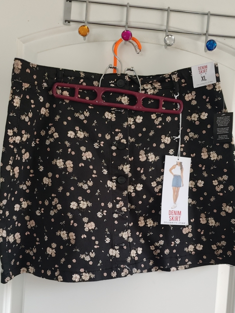 Celebrity Pink Black Denim Mini Skirt with Cream Floral Print NWT